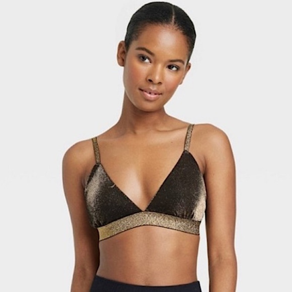 Colsie Black Metallic Gold Lurex Shimmer Mesh Lined Triangle Bralette